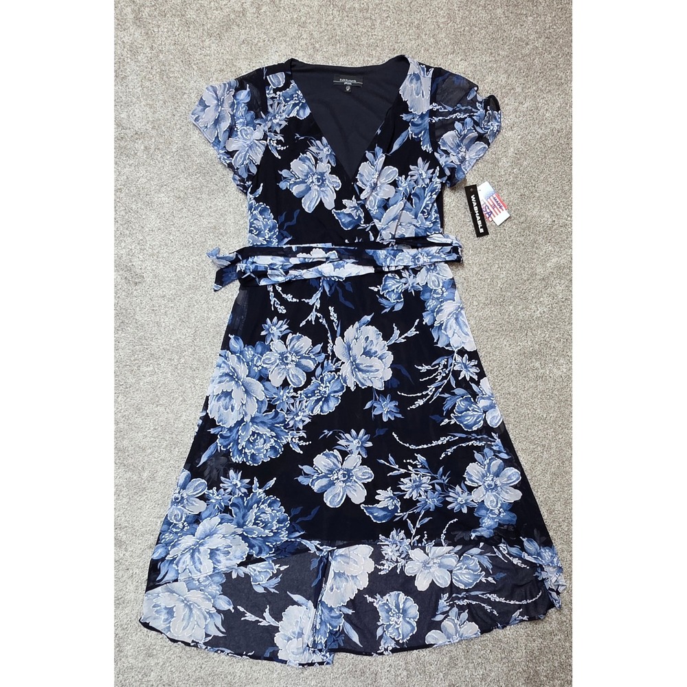 R&M Richards Petite Navy Blue Floral Mesh High-Low Wrap Dress 8P NWT 
410